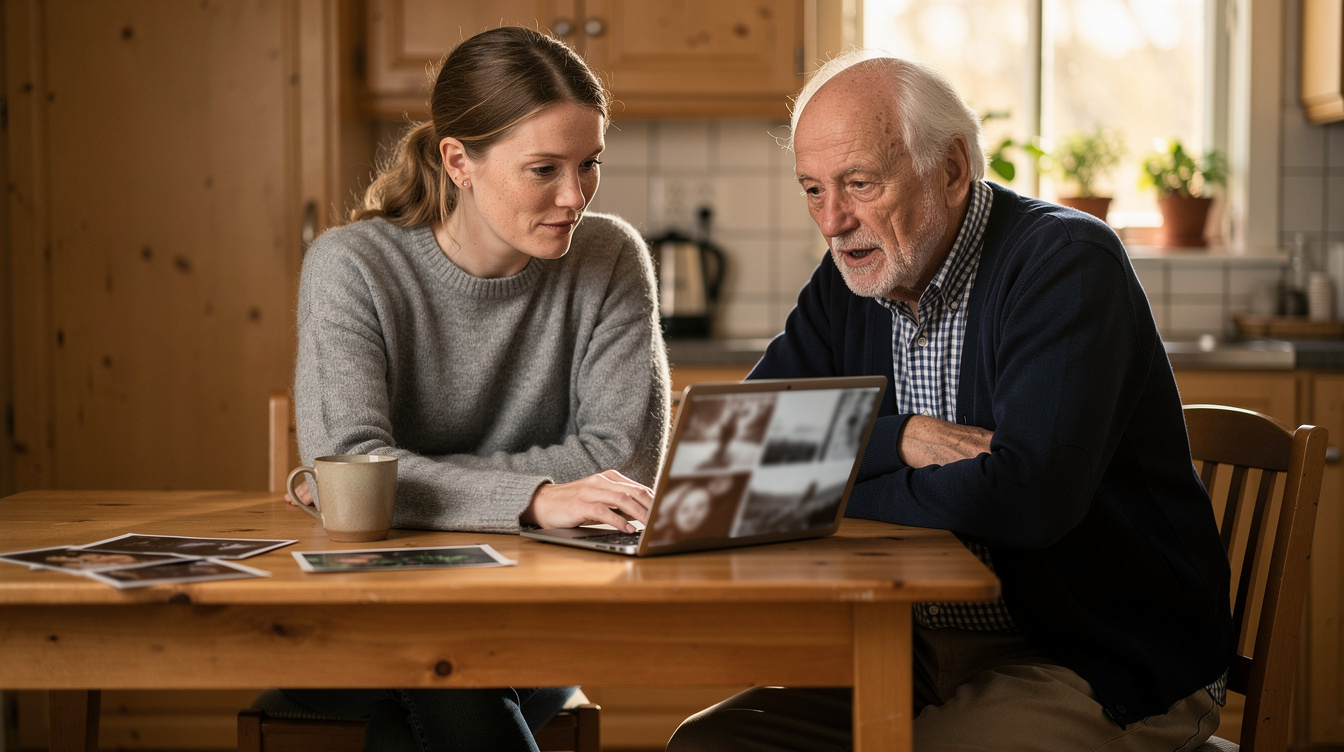 Photographer reviewing photographs with a local community member