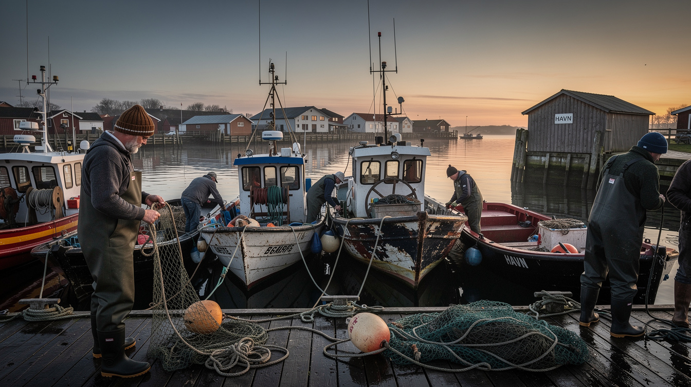 Fishermen preparing nets at a Danish harbor at sunrise